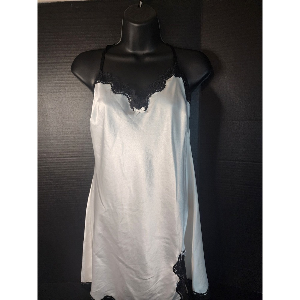 Victorias Secret White Satin Lace Trim Slip Dress Medium Chemise Nightgown